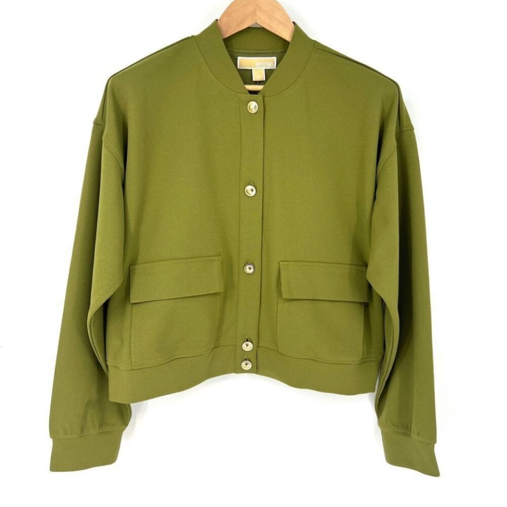 MICHAEL KORS Bomber Jacket Womens Size L Army Green Long Sleeve Lightweight